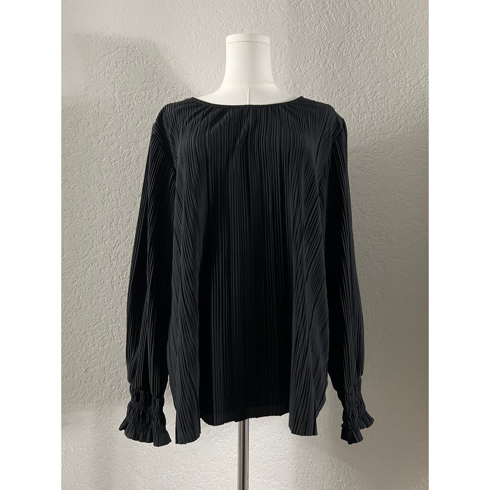 Ava Viv Plus Size 1X Black Micro Pleat Plisse Blouse Smocked Cuff Top